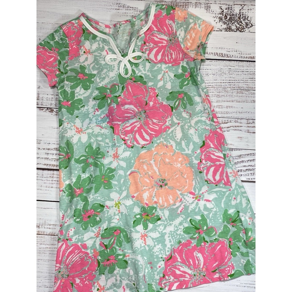 Lilly Pulitzer Dress Girls L 8-10‎ Pink Green Floral Short Sleeve T-Shirt Shift